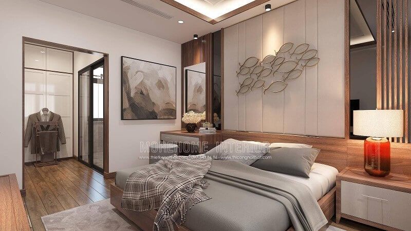 Thiết kế nội thất phòng ngủ nam khép kín cùng một khoảng diện tích vừa phải thuận tiện cho việc thay đồ là một ý tưởng khá độc đáo trong biệt thự hiện đại Vinhomes Imperia Hải Phòng.
