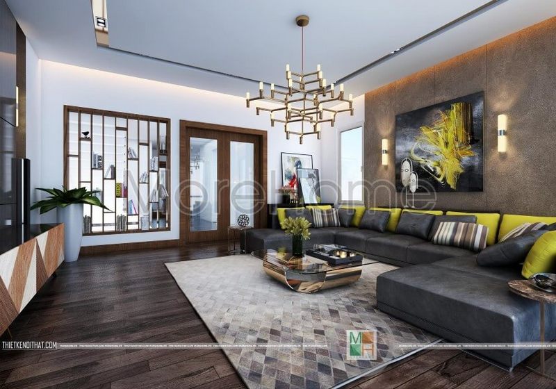 Trang trí nội thất phòng khách hiện đại với đá ốp tường ,tranh treo tường hay đèn thả trần là điểm nhấn thu hút sự chú ý của gia chủ