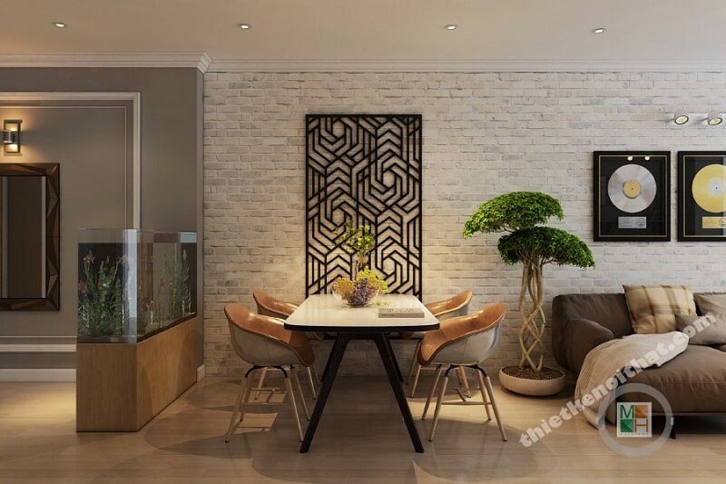 Thiết kế bàn ăn gỗ công nghiệp liền kề với phòng khách, không hề có vách ngăn tạo độ mở và liền mạch cho không gian.